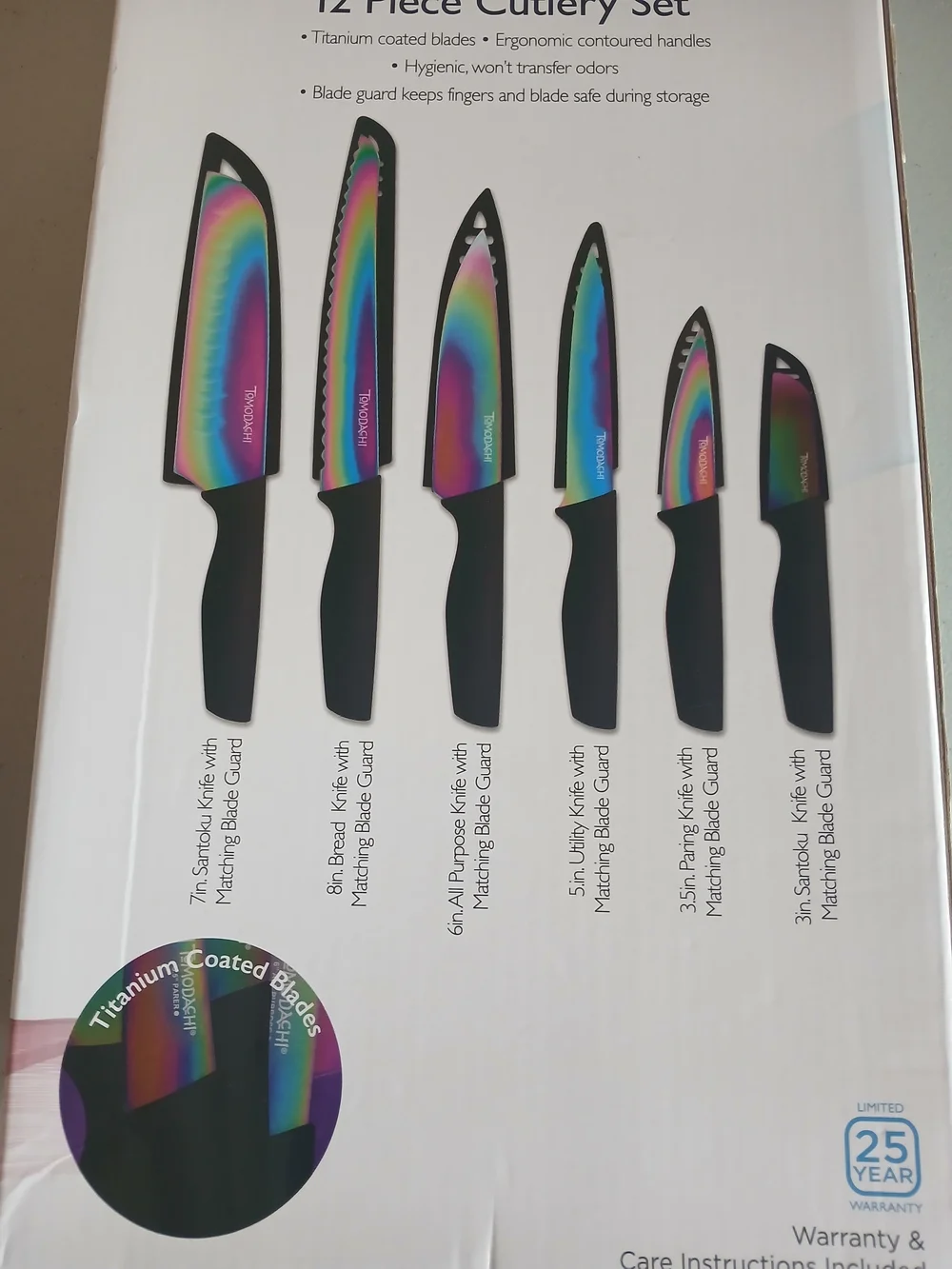 Tomodachi Rainbow Titanium 12 Piece Cutlery Set With Blade Guards New!